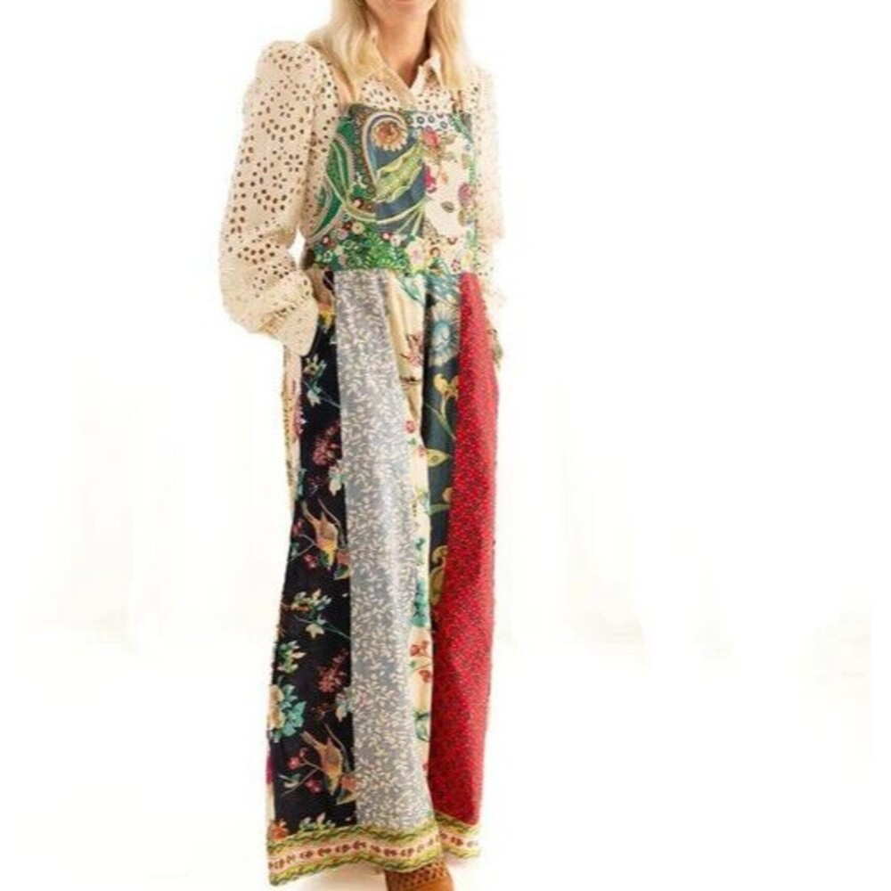 NWT Rahab's Rope Kantha Wide Leg Pants Botanical Motif Patchwork Printed Overall - Picture 2 of 15